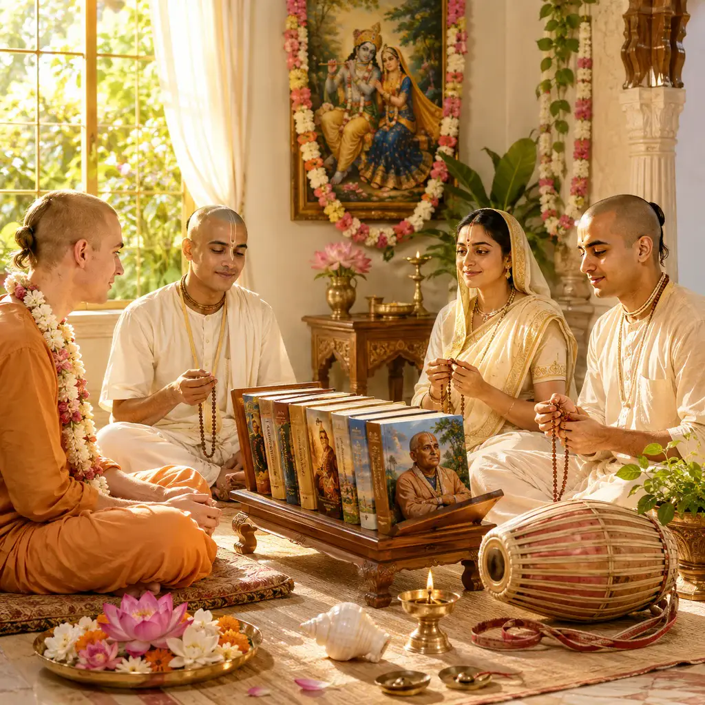 Devotees with books by Śrīla Prabhupāda