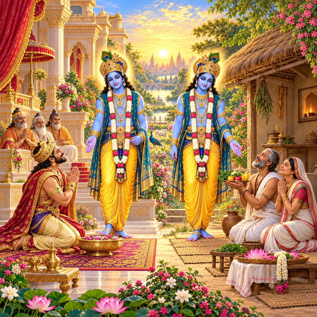 Kṛṣṇa simultaneously visits King Bahulāśva and the brāhmaṇa Śrutadeva